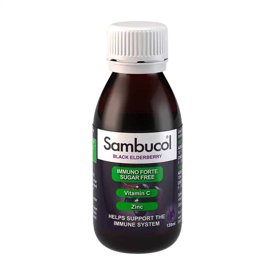 Sciroppo senza zucchero con sambuco nero, vitamina C e zinco Immuno Forte, 120 ml, Sambucol