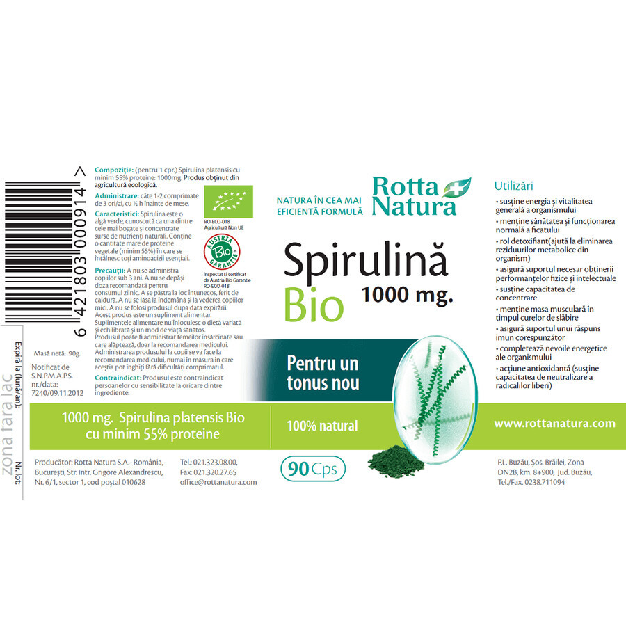 Spirulina Bio 1000 mg, 90 tablets, Rotta Natura