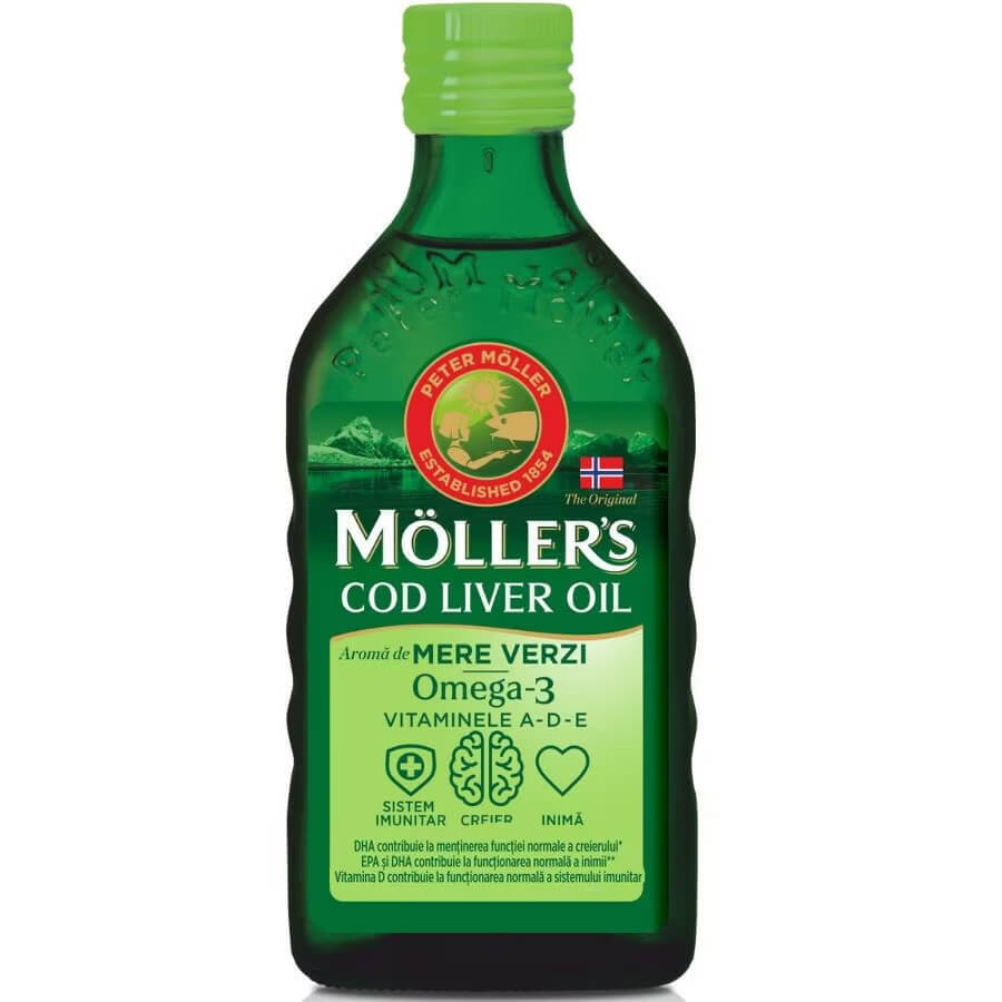 Omega 3 cod liver oil, Vitamin A-D-E, green apple flavour, 250 ml, Moller's