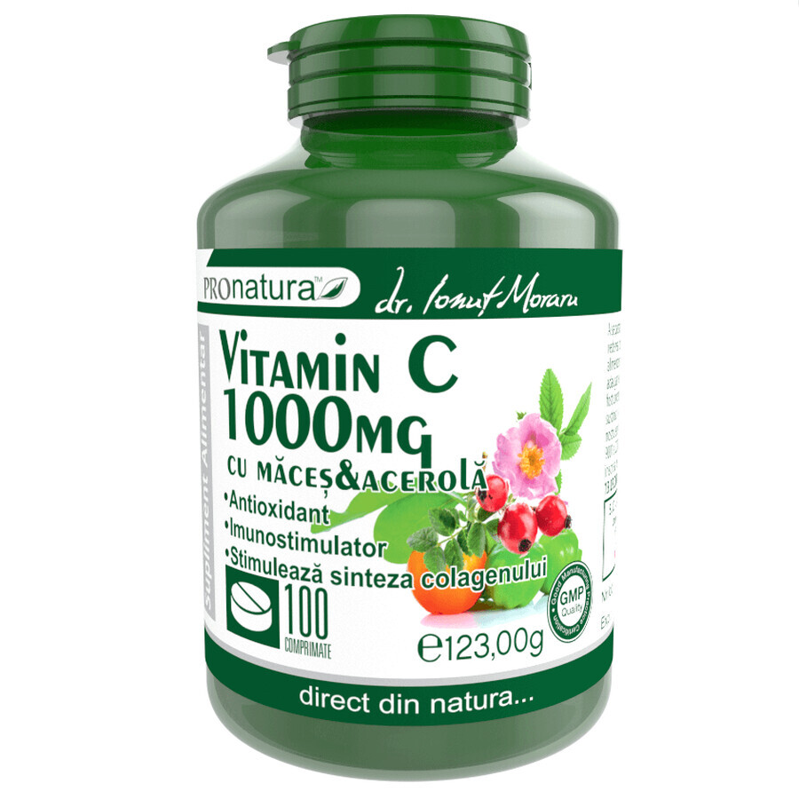 Vitamin C 1000 mg Lemon with Rose hips and Acerola, 100 tablets, Pro Natura