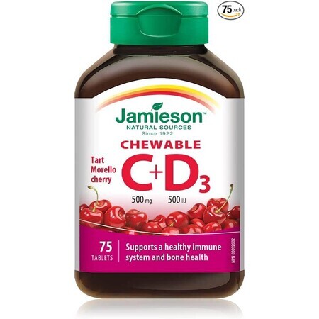 Vitamin C 500 mg + Vitamin D3 500 IU with cherry flavour, 75 chewable tablets, Jamieson