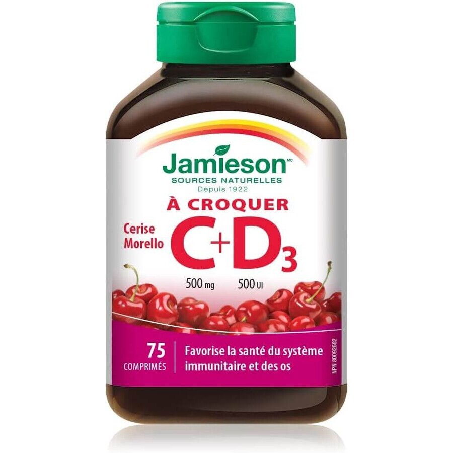 Vitamin C 500 mg + Vitamin D3 500 IU with cherry flavour, 75 chewable tablets, Jamieson