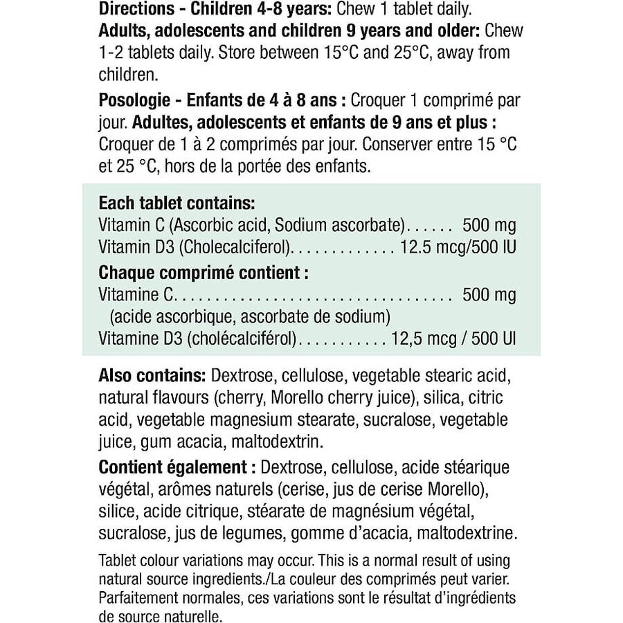 Vitamin C 500 mg + Vitamin D3 500 IU with cherry flavour, 75 chewable tablets, Jamieson