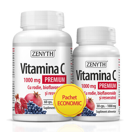 Vitamina C Premium con melograno, bioflavonoidi e resveratrolo 1000 mg, 60+30 capsule, Zenyth