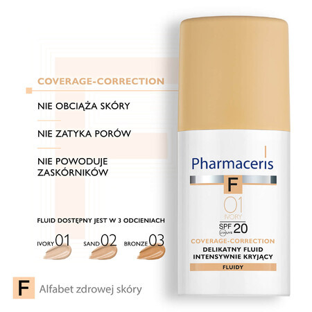 Pharmaceris F Coverage-Correction, fluido a copertura fine, 01 Ivory, SPF 20, 30 ml