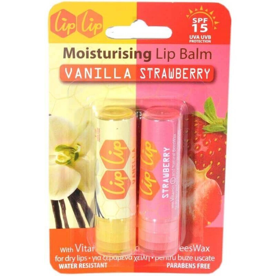 Lippenbalsam mit SPF 15 mit Erdbeer- und Vanillegeschmack, 2 Stück, Karaver