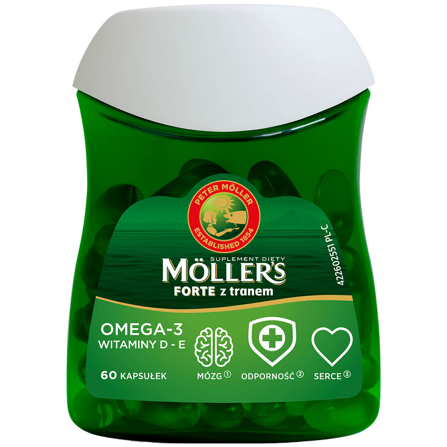 Moller s Forte Plus - Integratore Alimentare, 60 Capsule - Olio di Pesce ad Alto Contenuto di Omega-3 per Cuore e Cervello, Capsule Facili da Ingerire. Prodotto Norvegese Autentico.