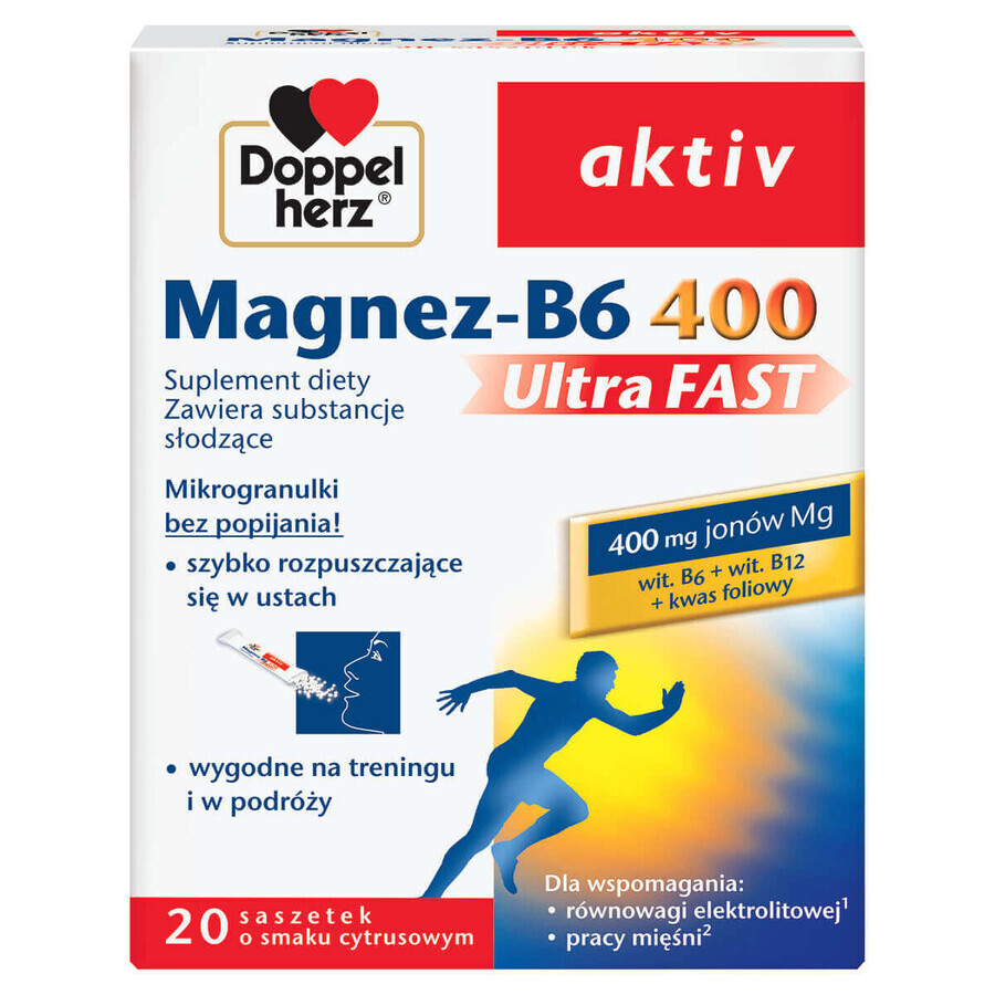 Doppelherz Attivo Magnesio-B6 Ultra Fast - Integratore Minerale-Vitaminico in Bustine, 20 Pezzi