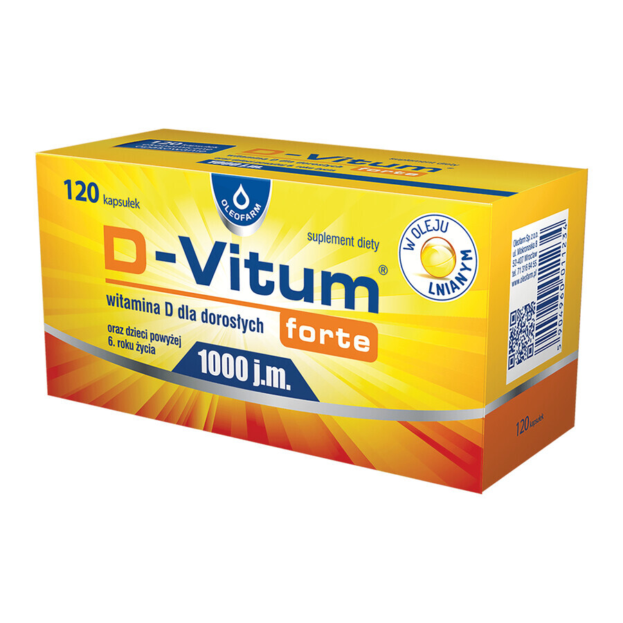 D-Vitum Forte 1000 UI 120 Capsule - Integratore alimentare ad elevato dosaggio di vitamina D sotto forma di capsule per il supporto della salute ossea e del sistema immunitario.