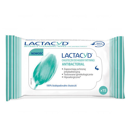 Lactacyd Antybacterial, salviette per l'igiene intima, 15 pezzi