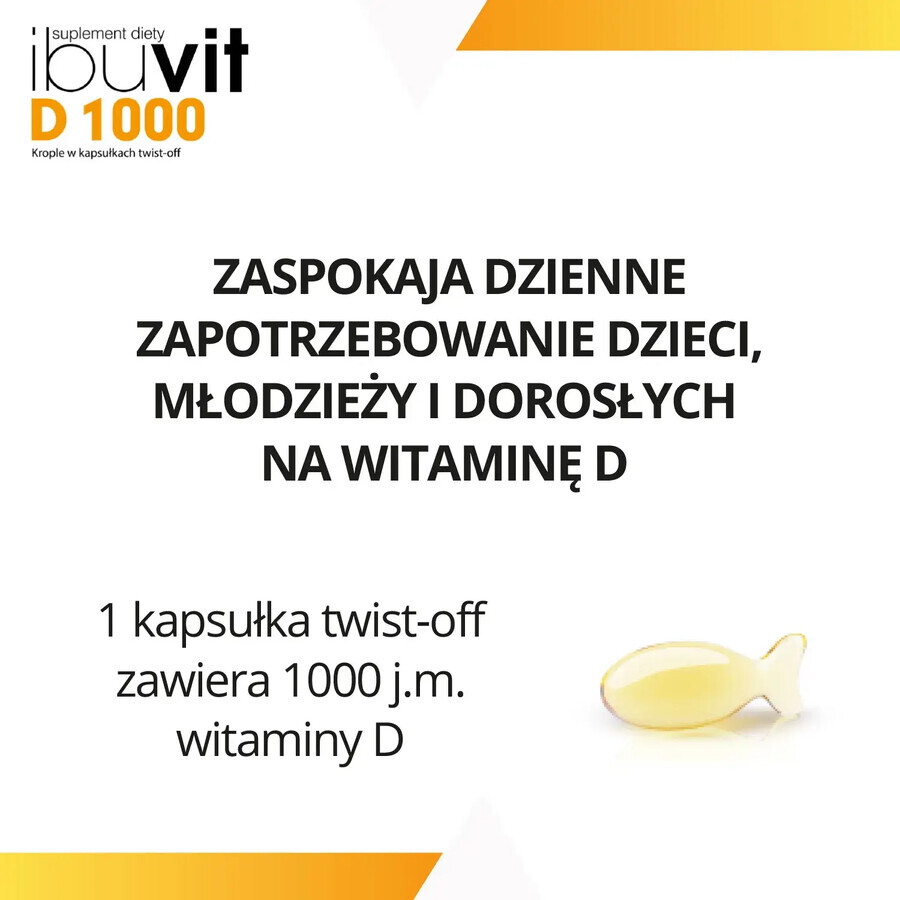 Ibuvit D 1000, vitamina D pentru copii de peste 1 an, adolescenți și adulți, 30 de capsule de tip twist-off