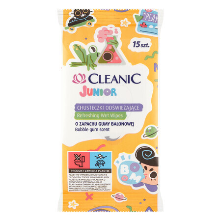 Cleanic Junior, salviette rinfrescanti con liquido antibatterico, profumazione bubble gum, 15 pezzi