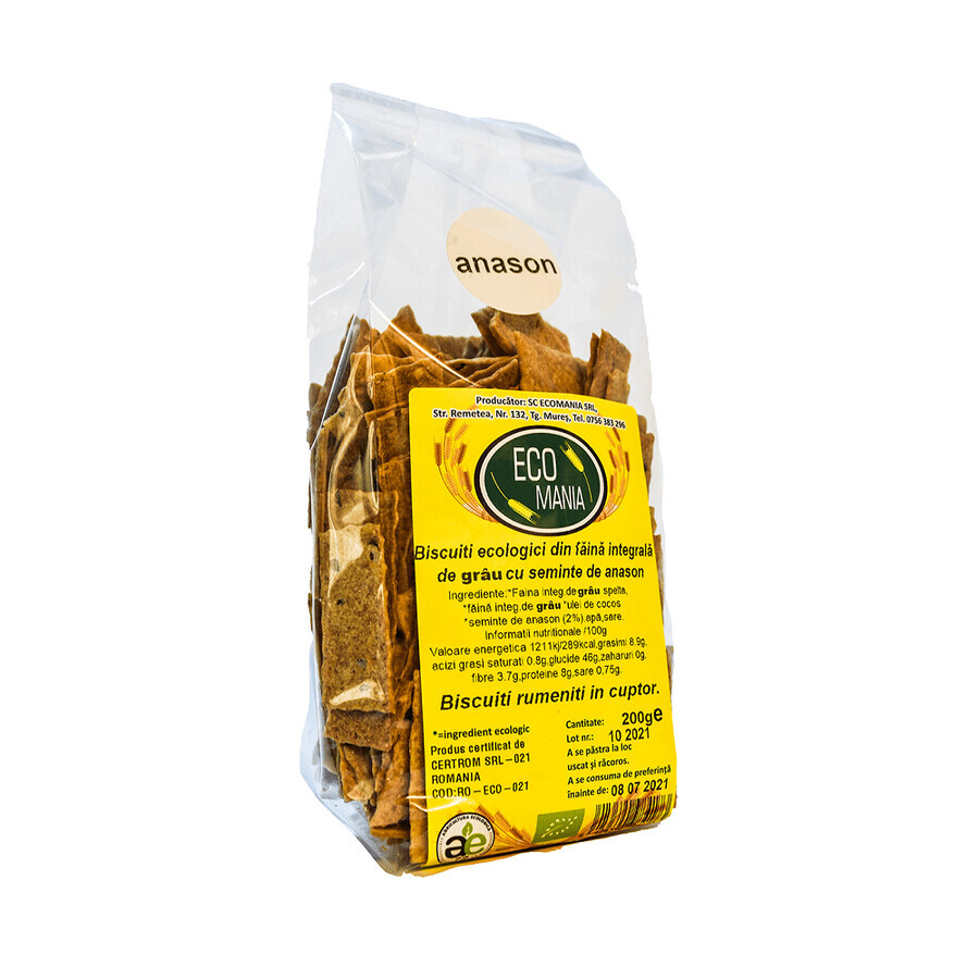 Organic wholemeal biscuits with aniseed, 200 g, Ecomania