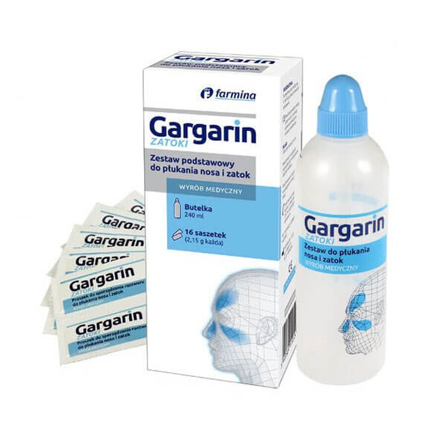 Gargarin, Set base per colpire naso e seni, bottiglia (irrigatore) + 16 bustine