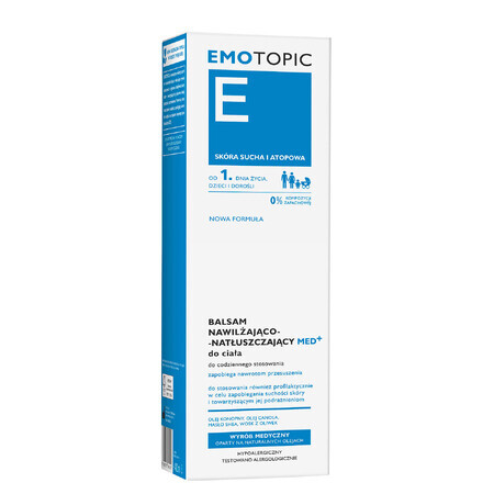 Emotopic E Med+, lozione corpo idratante e oliante, per adulti e bambini dal primo giorno di vita, per pelli secche e atopiche, 400 ml