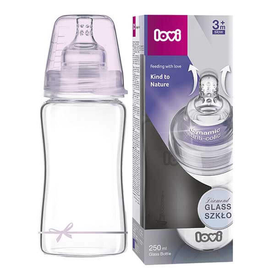 Lovi Diamond Glass, biberon din sticlă cu tetină dinamică, Baby Shower, de la 3 luni, 250 ml