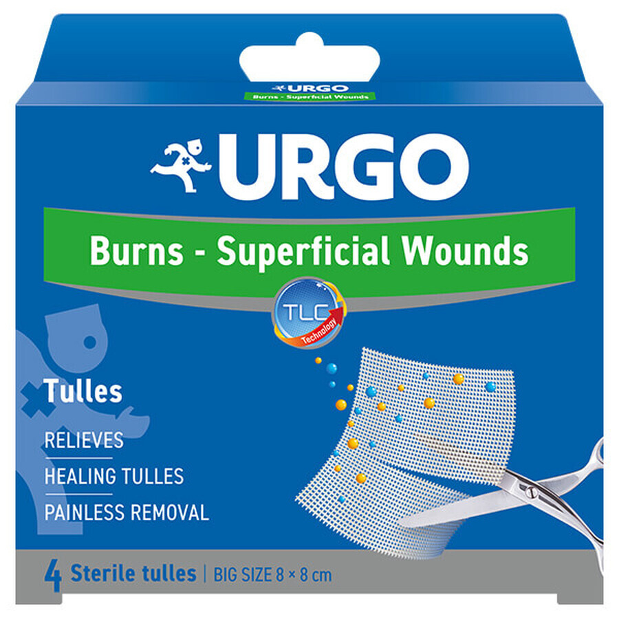 Urgo, mesh for burns and superficial wounds, 8 x 8 cm, 4 pieces