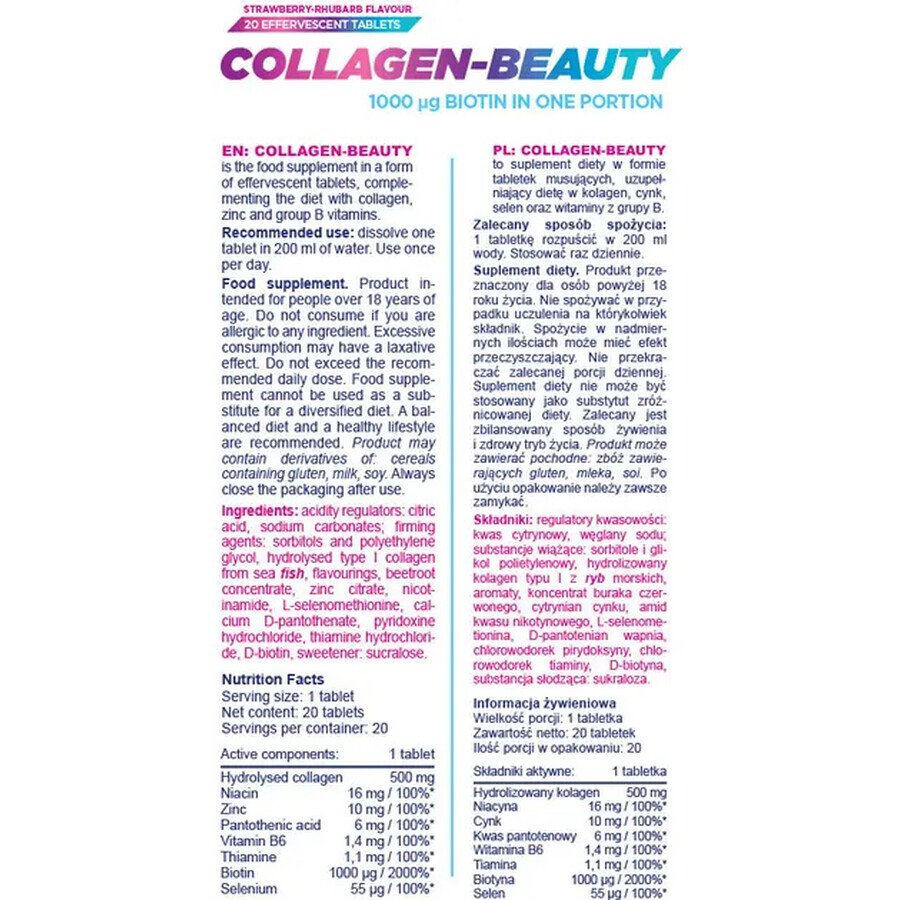 Allnutrition Collagen-Beauty, strawberry and rhubarb flavor, 20 effervescent tablets