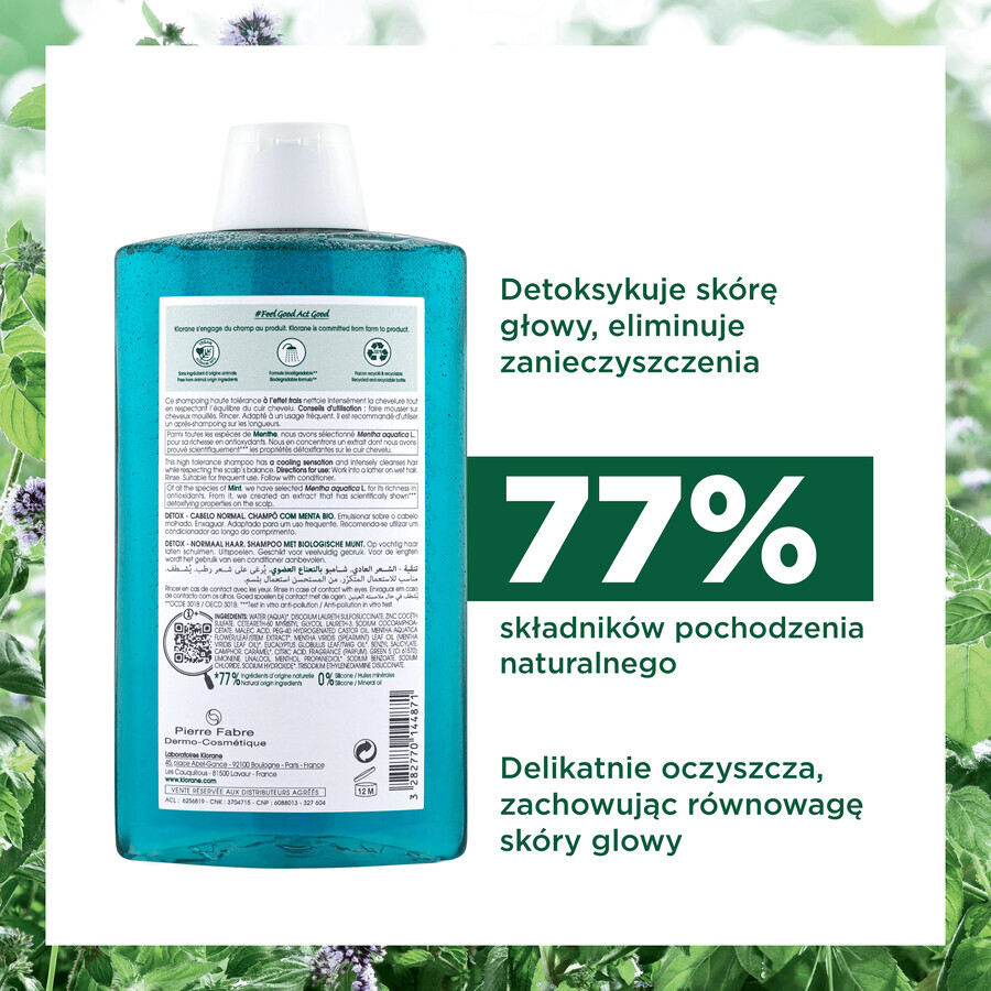 Klorane, champú desintoxicante a la menta bio para cabellos normales, 400 ml