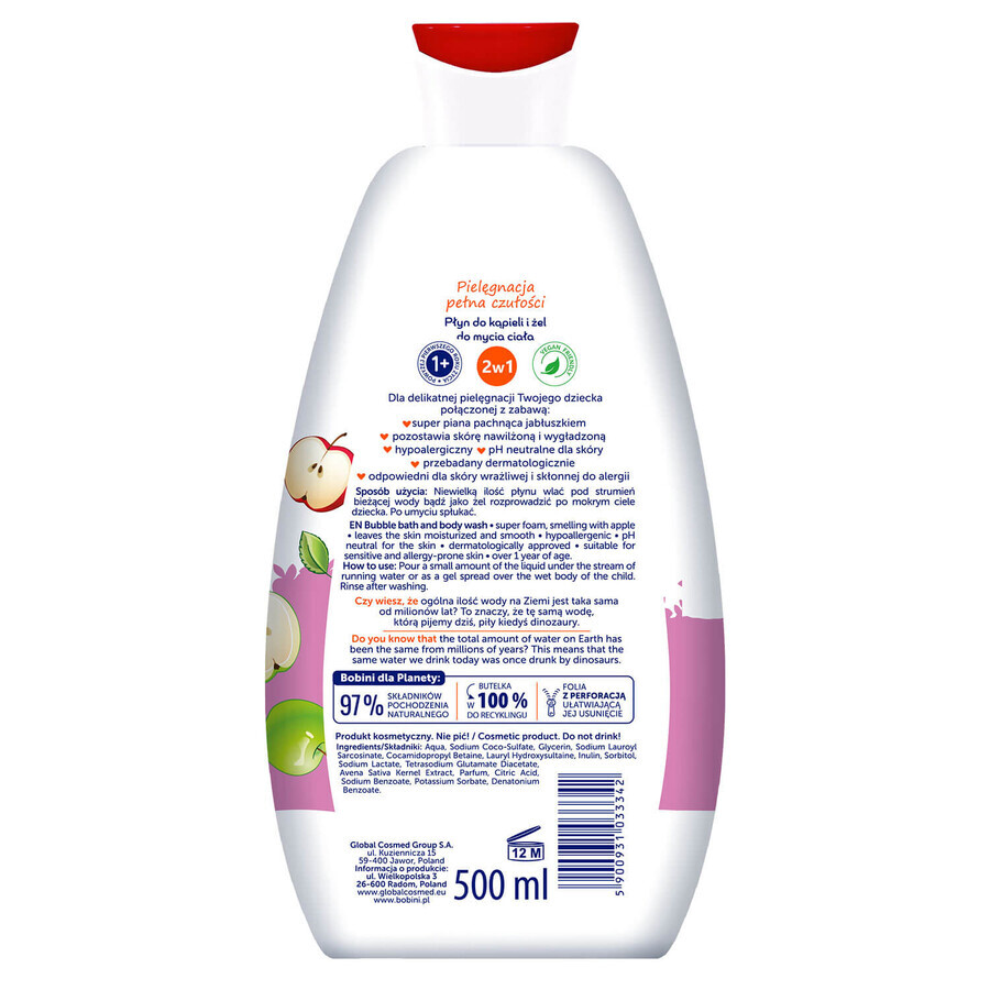 Bobini Fun Bagno schiuma e gel detergente per il corpo al profumo di mela, 500 ml