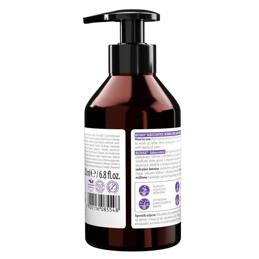 Biovax Sebocontrol, shampooing séborégulateur normalisant pour cheveux gras, 200 ml