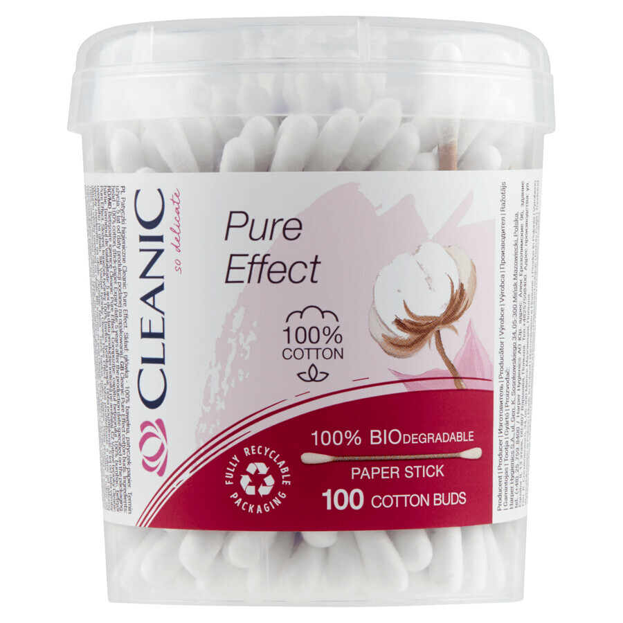 Cleanic Pure Effect, bastoncini cotonati biodegradabili, 100% cotone, 100 pezzi