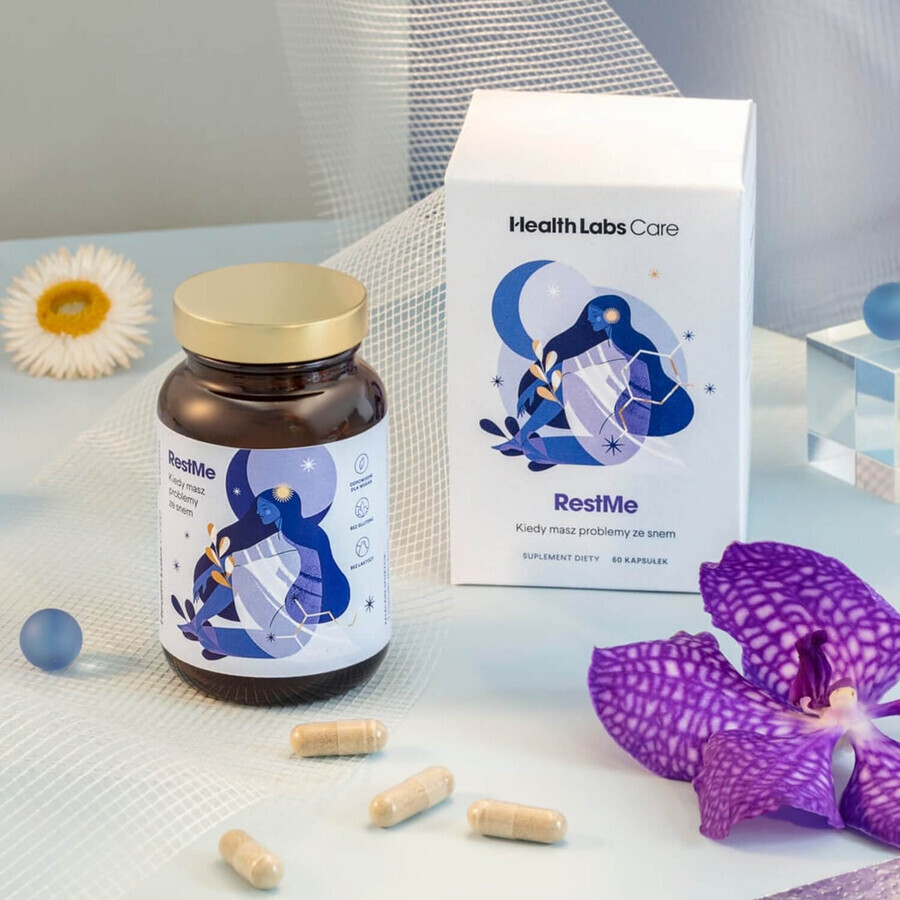 Supporto al sonno e al rilassamento del cervello con HealthLabs RestMe, 60 capsule.