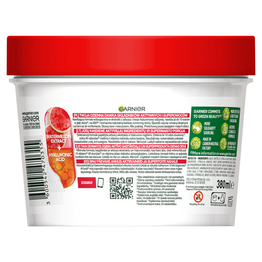 Garnier Body Superfood, gel-crema idratante con anguria e acido ialuronico, 380 ml
