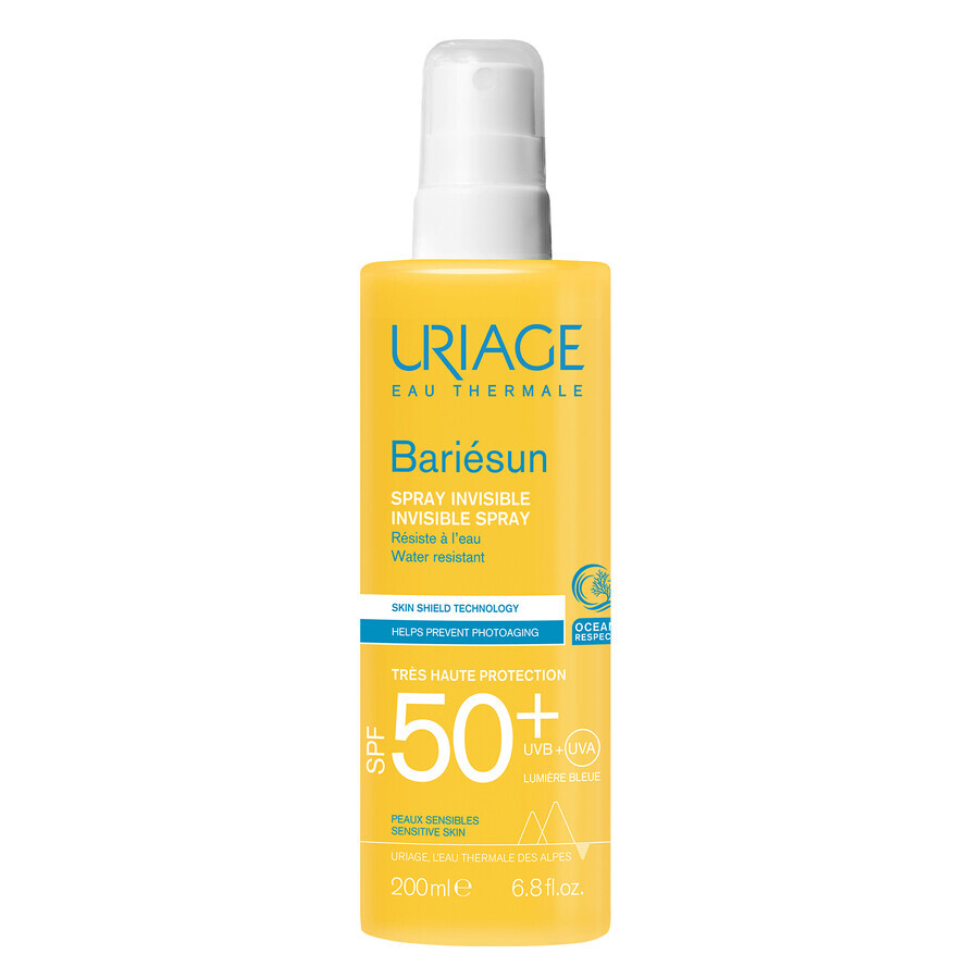Spray solare idratante Uriage Bariesun SPF 50+ per pelli sensibili. Protezione anti-UV per adulti e bambini. 200 ml.