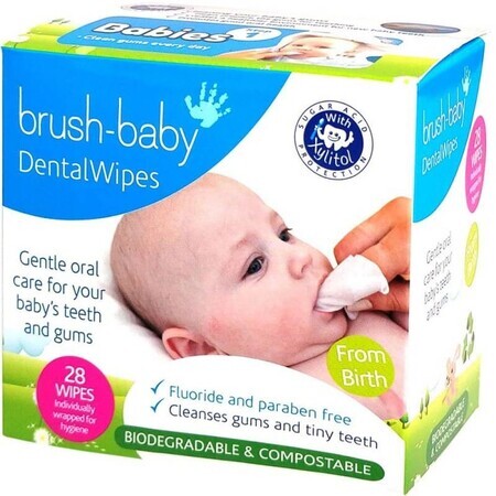 Brush-Baby Dental Wipes, salviette per la pulizia delle gengive, 0-16 mesi, 28 pezzi