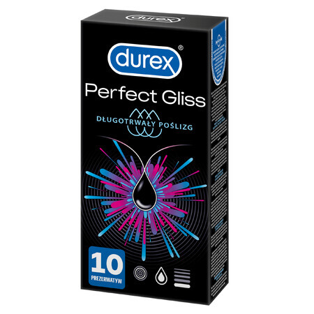 Durex Perfect Gliss Condoms Premium, 10 Pezzi per un Piacevole Scivolamento Prolungato.