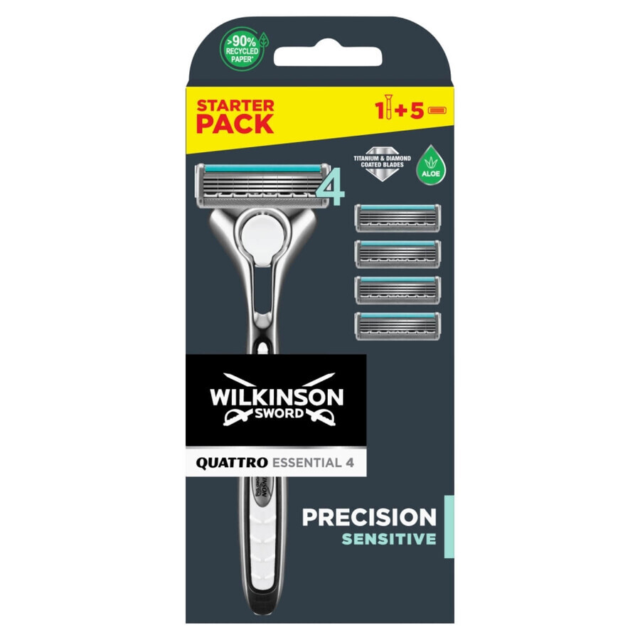 Wilkinson Sword Quattro Titanium Sensitive, rasoio, manico + 5 cartucce di ricambio