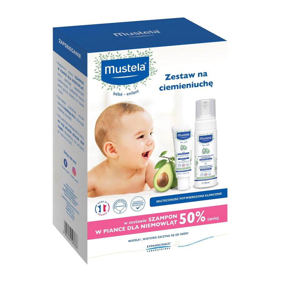 Set Mustela Bebe Enfant, crema antiforfora, 40 ml + shampoo schiuma, dalla nascita, 150 ml