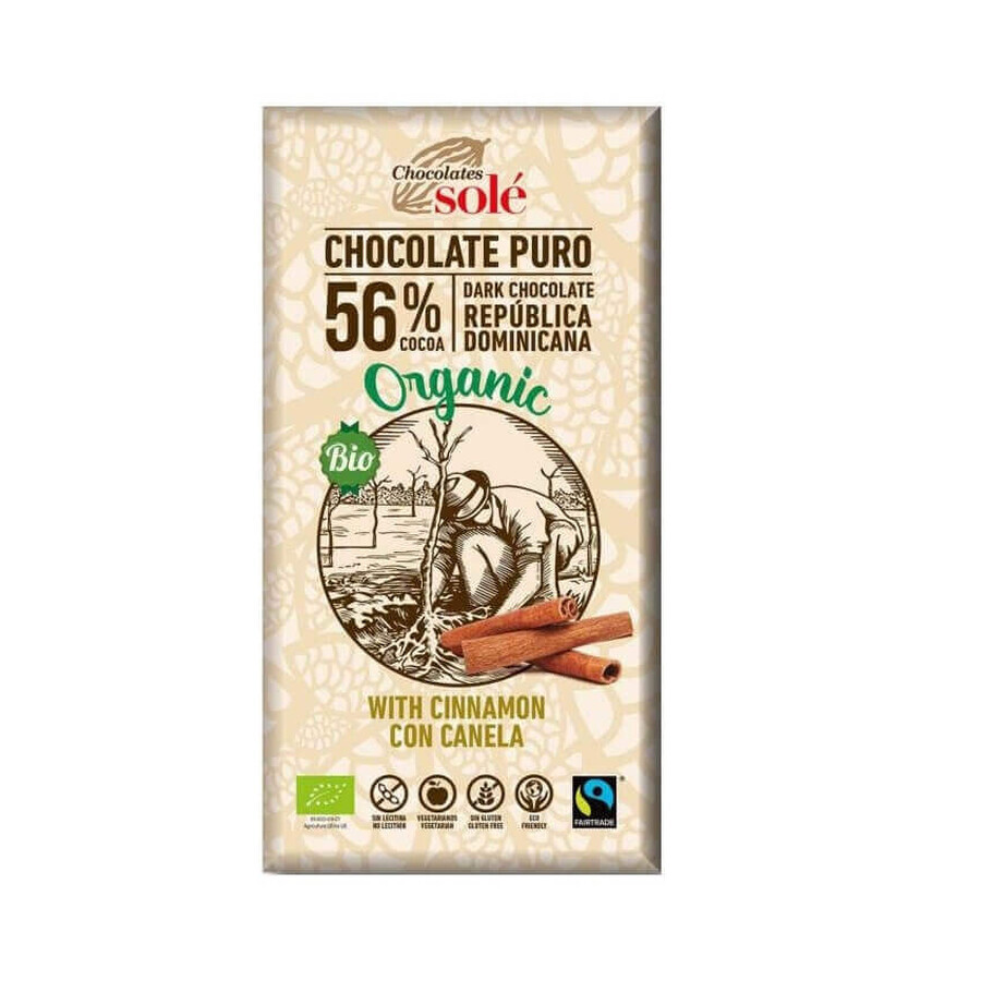 Chocolate negro ecológico con canela 56% cacao, 100g, Pronat