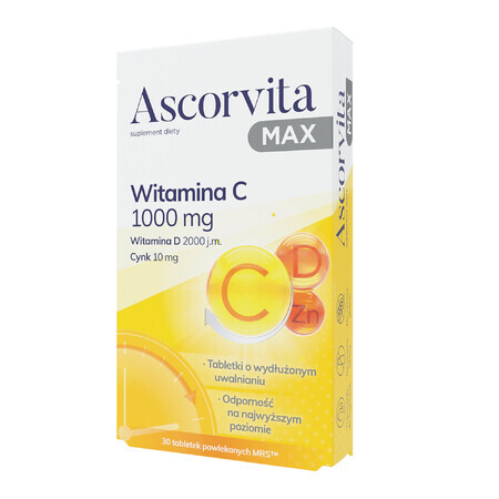 Ascorvita MAX, integratore alimentare, 30 compresse, alto contenuto di vitamina C, protezione completa per il tuo organismo.