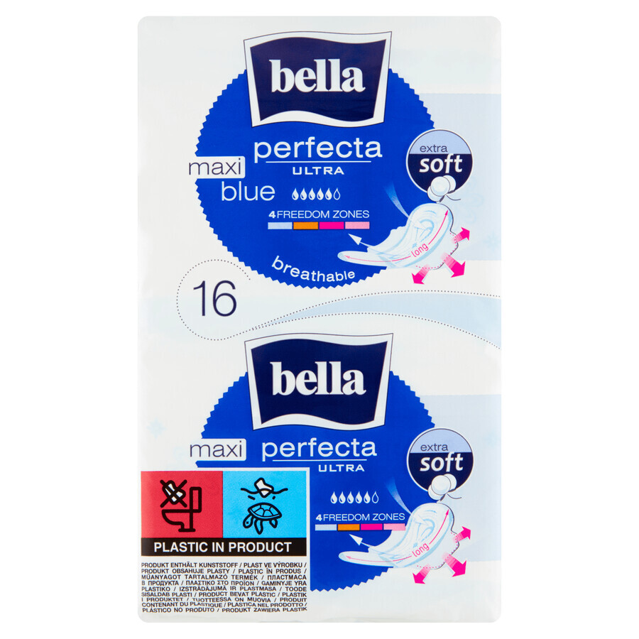 Bella Perfecta Ultra, prosoape sanitare Extra Soft cu aripi, Maxi Blue, 16 buc.