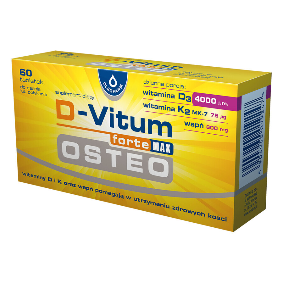 D-Vitum Forte MAX Osteo, Integratore Alimentare con Elevato Contenuto di Vitamina D per Ossa Salutari, 60 Compresse