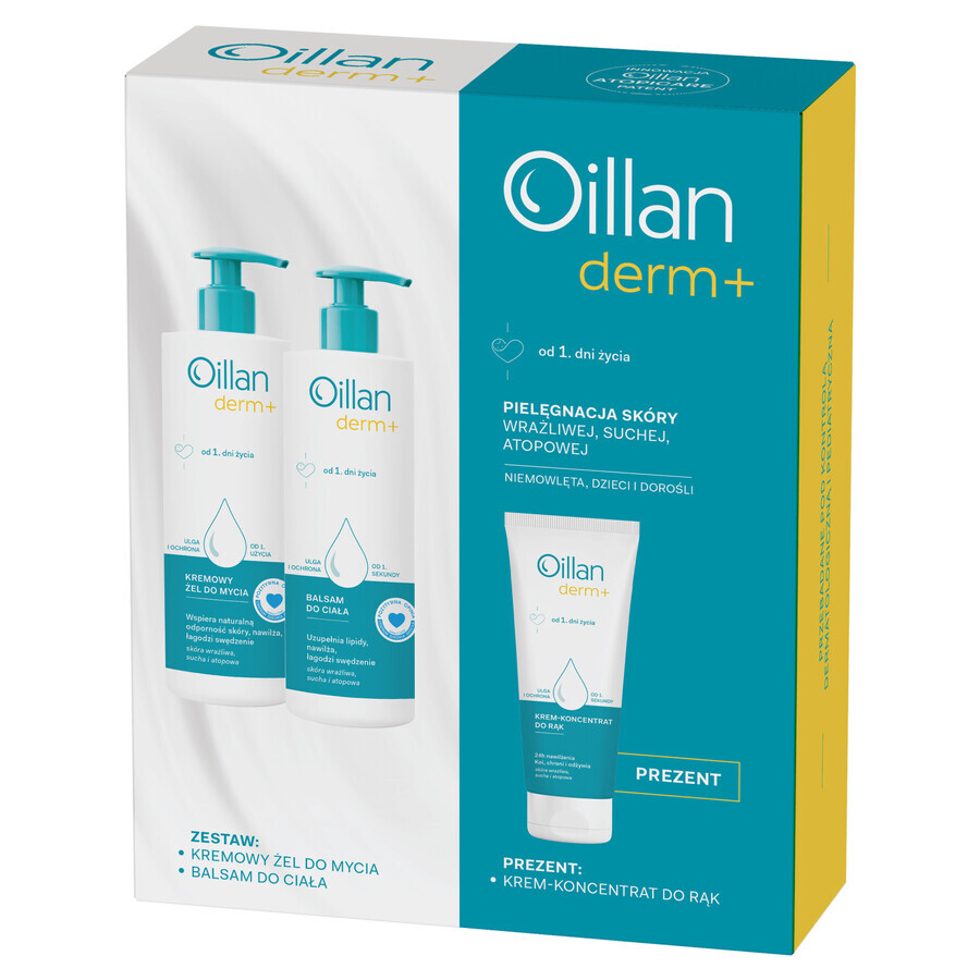 Set Oillan Derm+, gel de spălare cremos, 400 ml + loțiune de corp, 400 ml + cremă de mâini-concentrat, 75 ml cadou