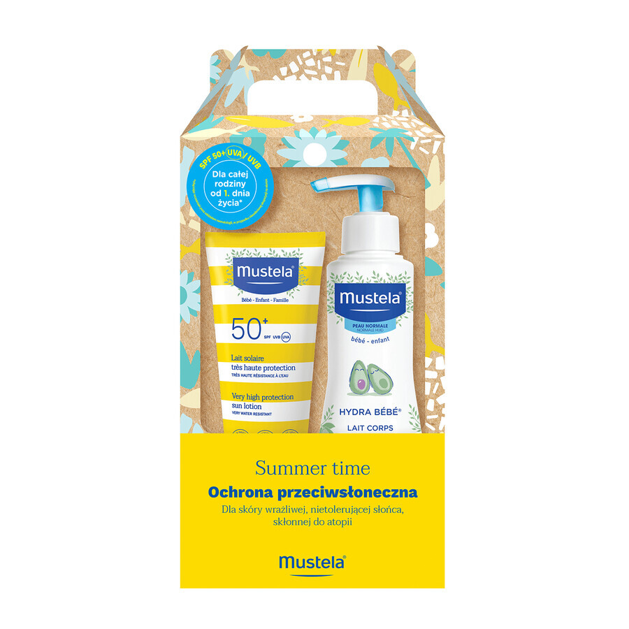 Mustela Summer Time, Zestaw Hydra Bebe mleczko do ciaa 300 ml + Mleczko przeciwsoneczne 100 ml