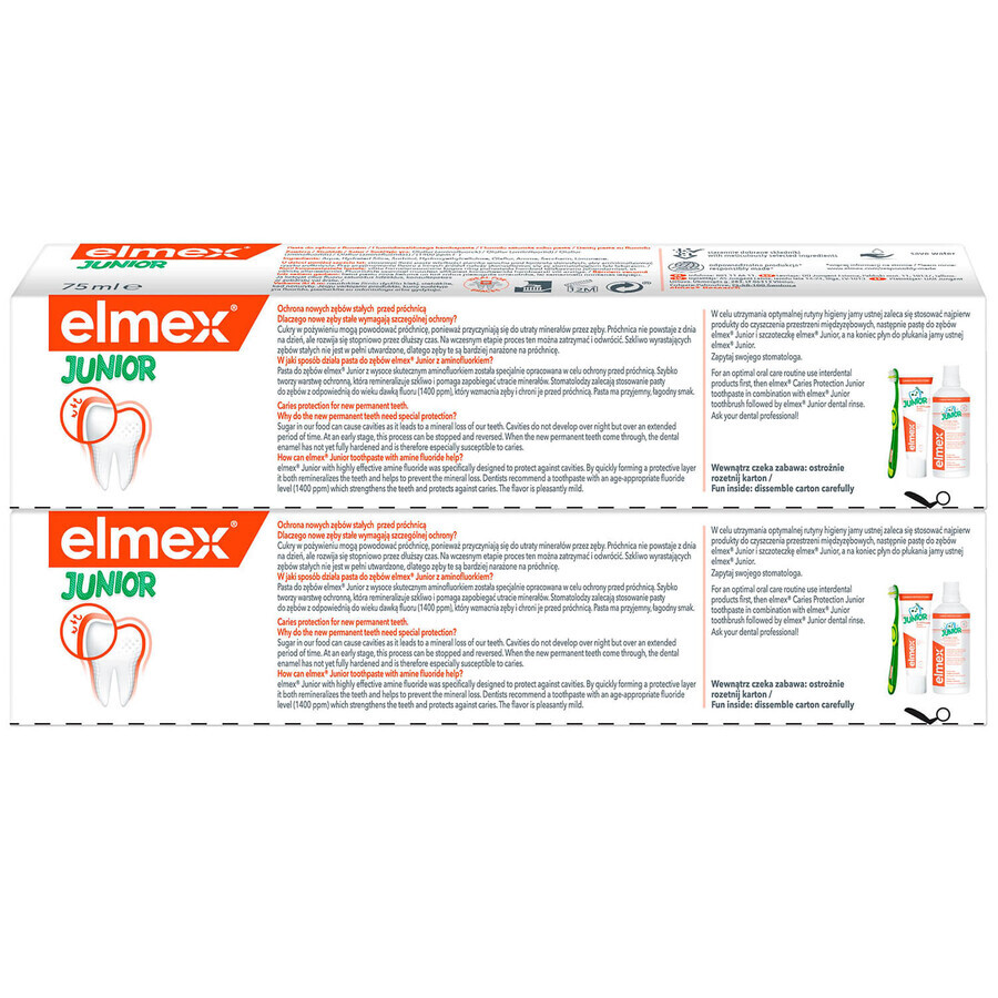 Elmex Junior, dentifricio con aminofluoruro, 6-12 anni, 2 x 75 ml (CONFEZIONE DA DUE) CONFEZIONE ROTTA