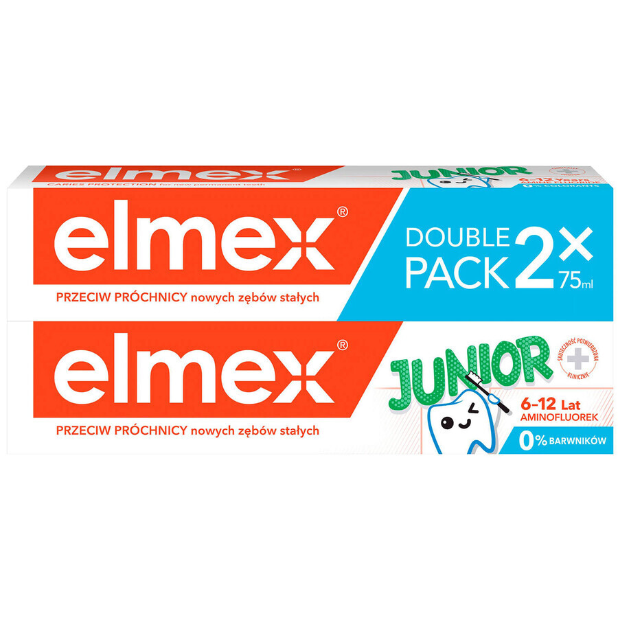 Elmex Junior, dentifricio con aminofluoruro, 6-12 anni, 2 x 75 ml (CONFEZIONE DA DUE) CONFEZIONE ROTTA