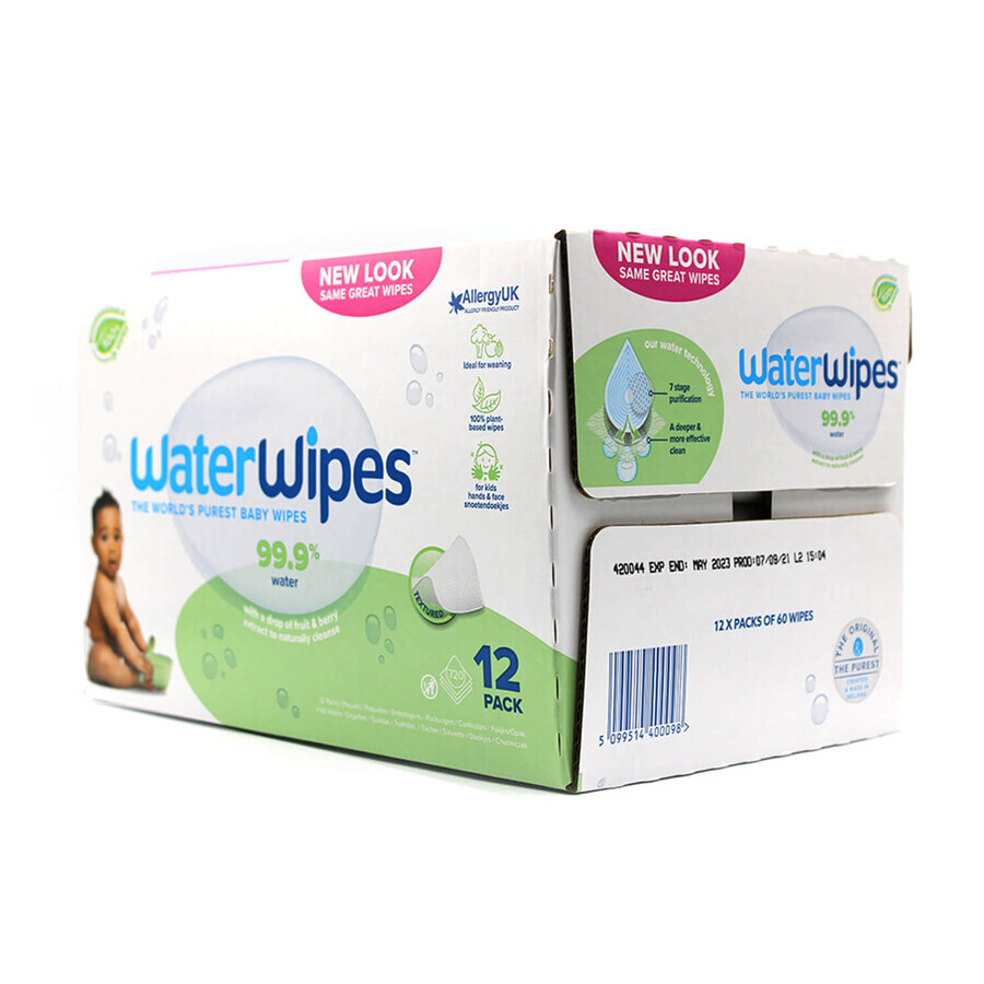 WaterWipes Soapberry Kids Bio, salviette umidificate, acqua con estratto di bacche di sapone, dalla nascita in poi, 12 x 60 pezzi CONFEZIONE DANNEGGIATA