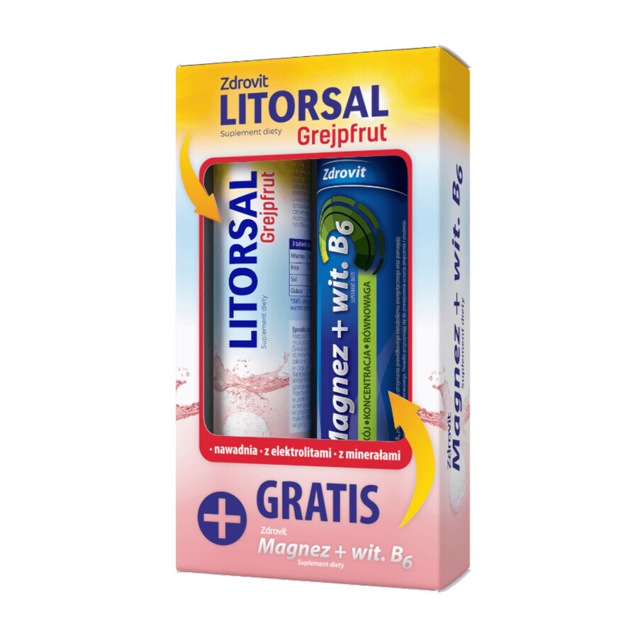 Zdrovit Litorsal Pompelmo, gusto pompelmo, 24 compresse effervescenti + Zdrovit Magnesio + Vitamina B6, gusto limone, 24 compresse effervescenti CONFEZIONE GRATUITA