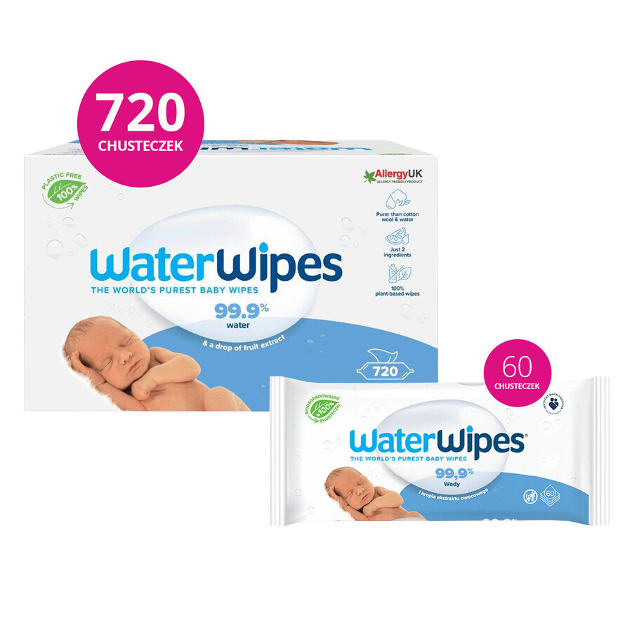 WaterWipes Bio, salviette umidificate, a base d'acqua, dalla nascita, 12 x 60 pezzi CONFEZIONE DIFETTOSA