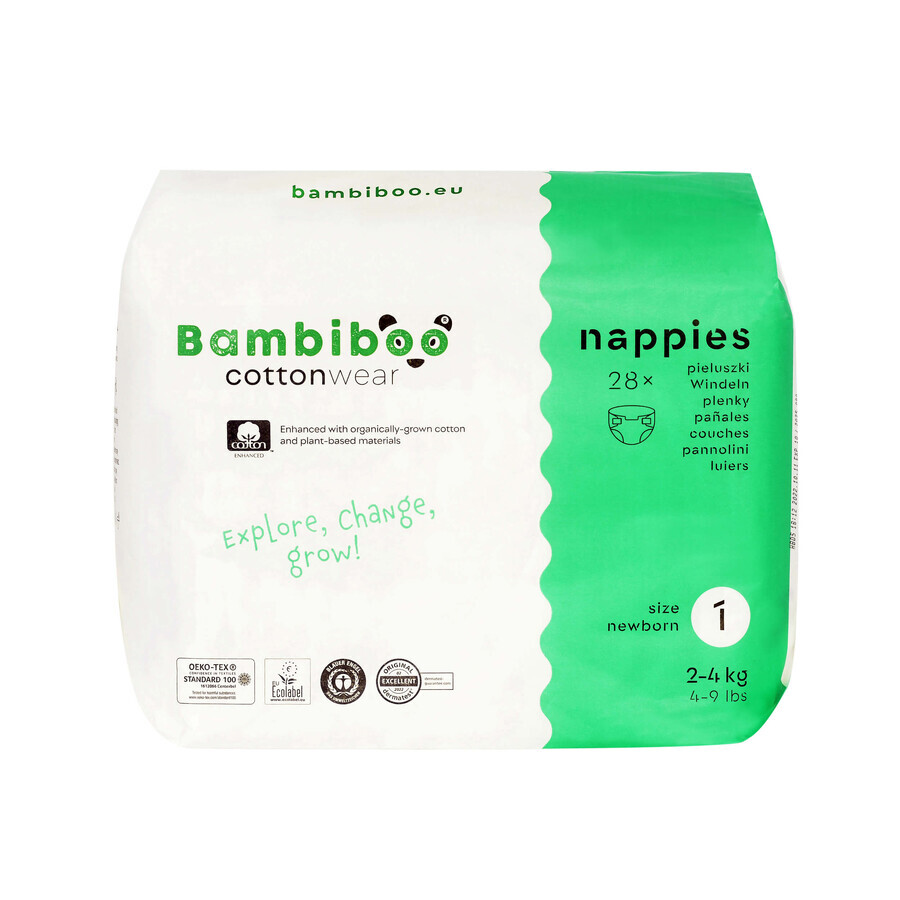 Bambiboo Cottonwear, biologisch katoenen wegwerpluiers, Newborn, maat 1, 2-4 kg, 28 stuks