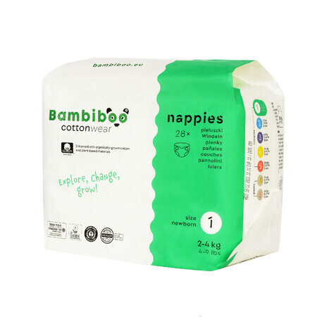 Bambiboo Cottonwear, biologisch katoenen wegwerpluiers, Newborn, maat 1, 2-4 kg, 28 stuks