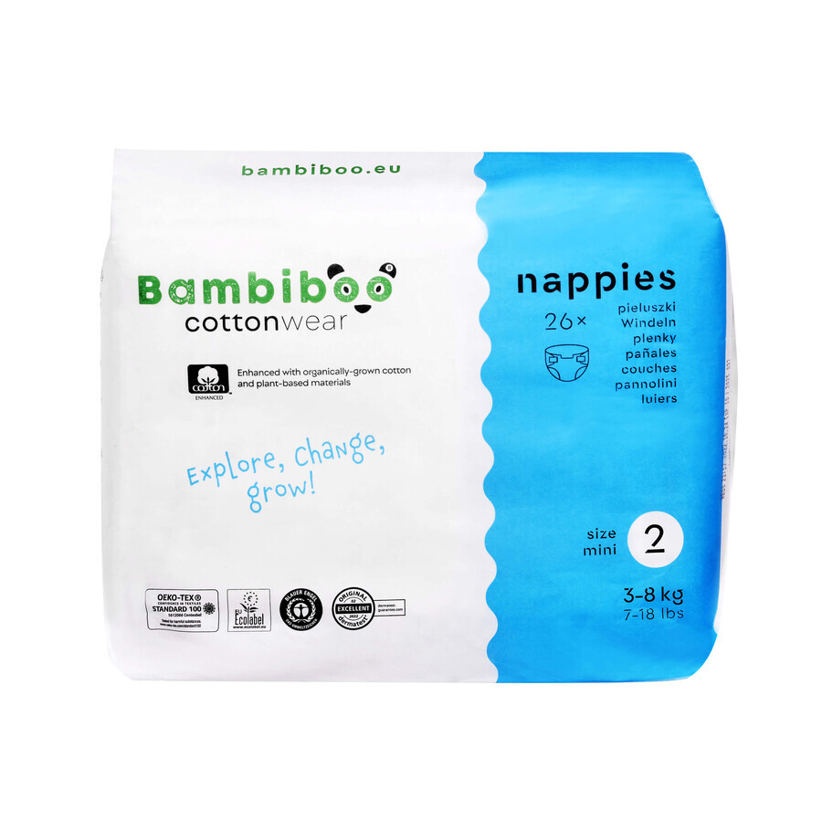 Bambiboo Cottonwear, Wegwerfwindeln aus Bio-Baumwolle, Mini, Größe 2, 3-8 kg, 26 Stück