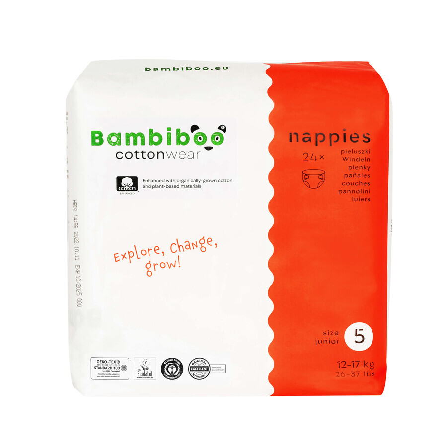 Bambiboo Cottonwear, Wegwerfwindeln aus Bio-Baumwolle, Junior, Größe 5, 12-17 kg, 28 Stück