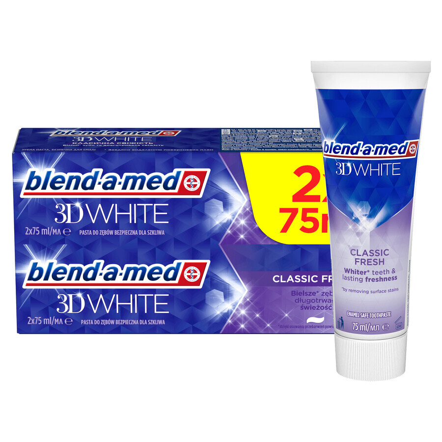 Blend-a-med 3D White, dentifricio, Classic Fresh, 2 x 75 ml