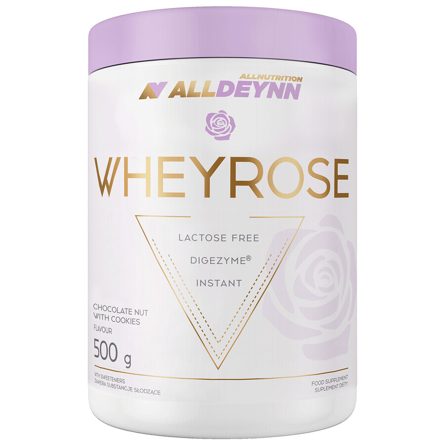 Allnutrition Alldeynn WheyRose, Schokolade-Haselnuss-Geschmack mit zuckerfreien Keksstücken, 500 g